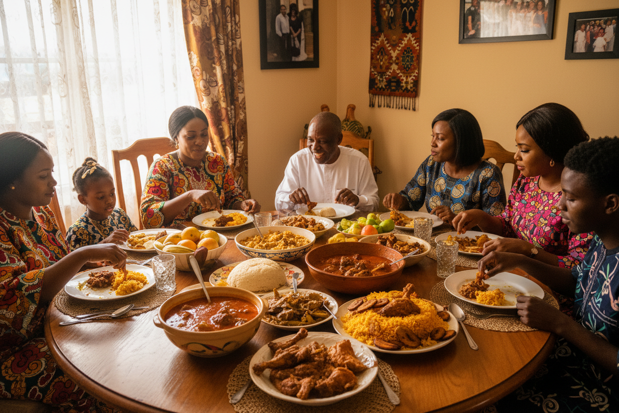 Nigerian family eating food family style
