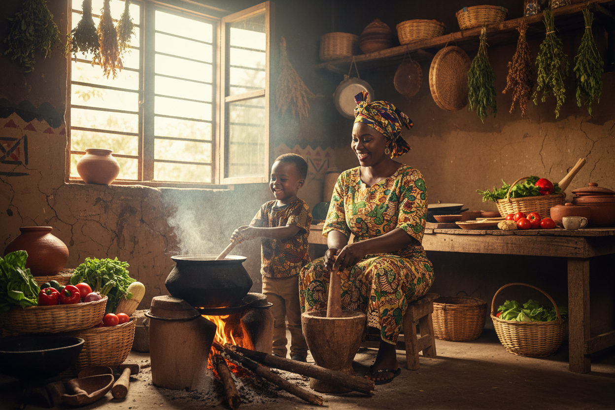 Nigerian mother and son cooking in the kitchen